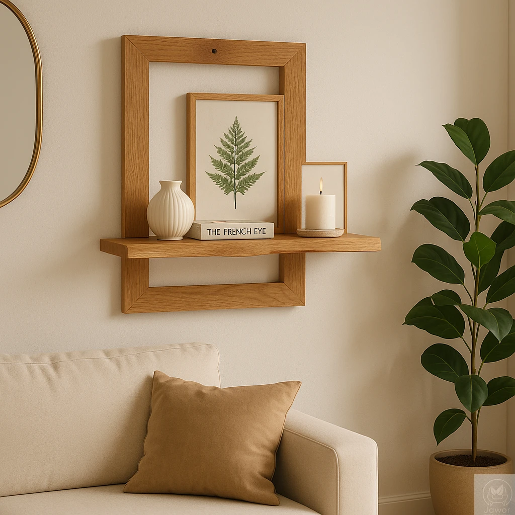Półka dekoracyjna z ramą dębową w salonie – minimalistyczna aranżacja, lity dąb