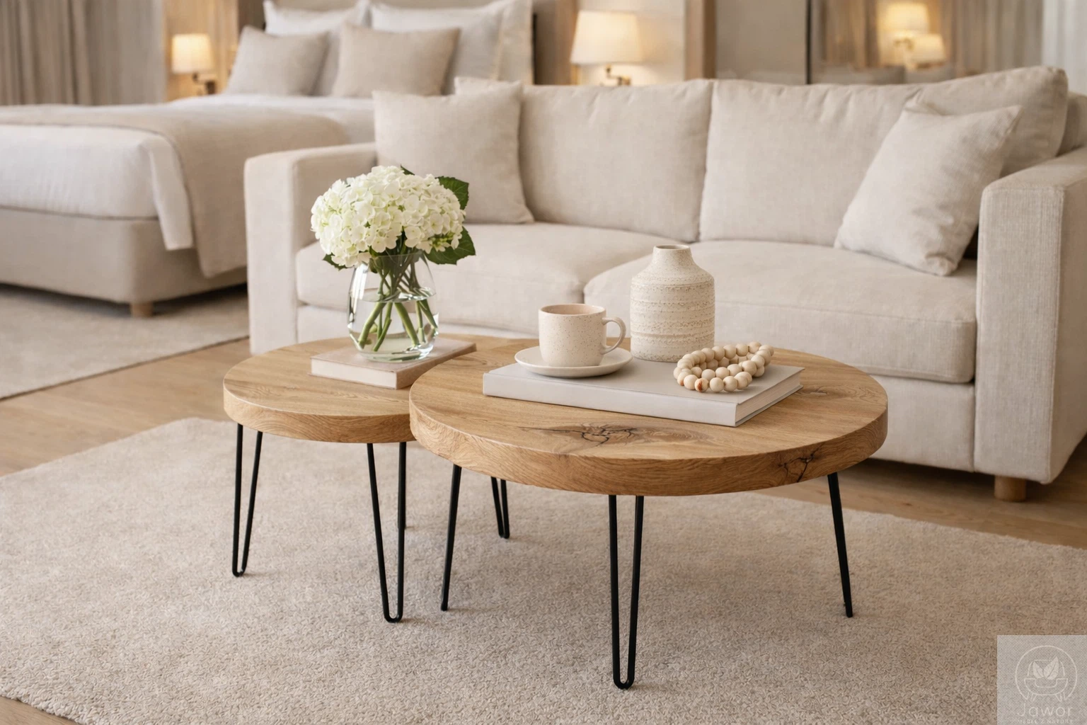 stoliki kawowe dębowe okrągłe zestaw 2w1 – metalowe nogi czarne, blat 4 cm, wnętrze premium sofa i łóżko