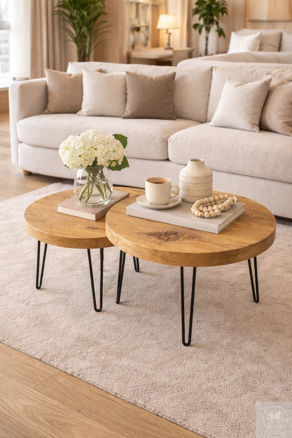 stoliki kawowe dębowe okrągłe 2w1 – metalowe nogi, blat 4 cm, beżowy salon hotelowy, ujęcie całości