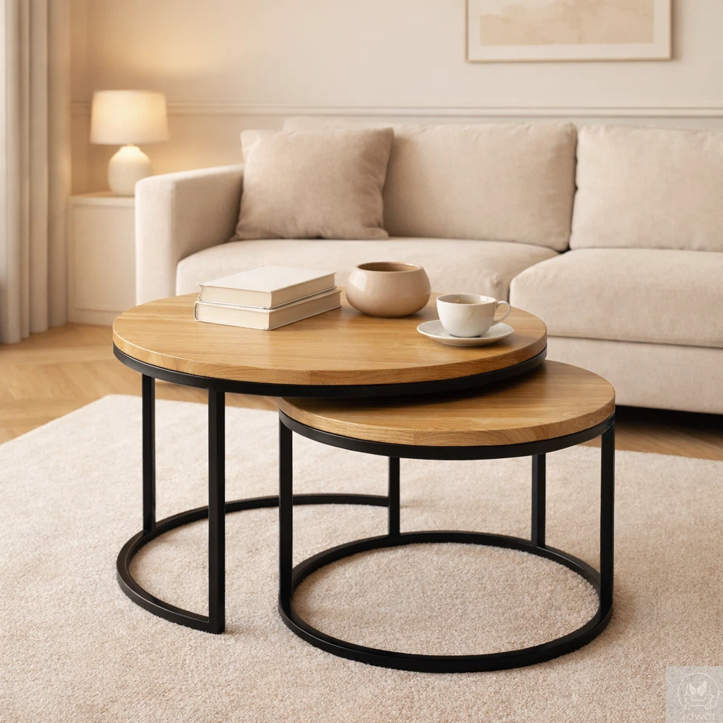 stoliki kawowe dębowe okrągłe komplet 2 szt – salon w beżach, naturalny dąb, czarne stelaże, okrągłe blaty z litego drewna