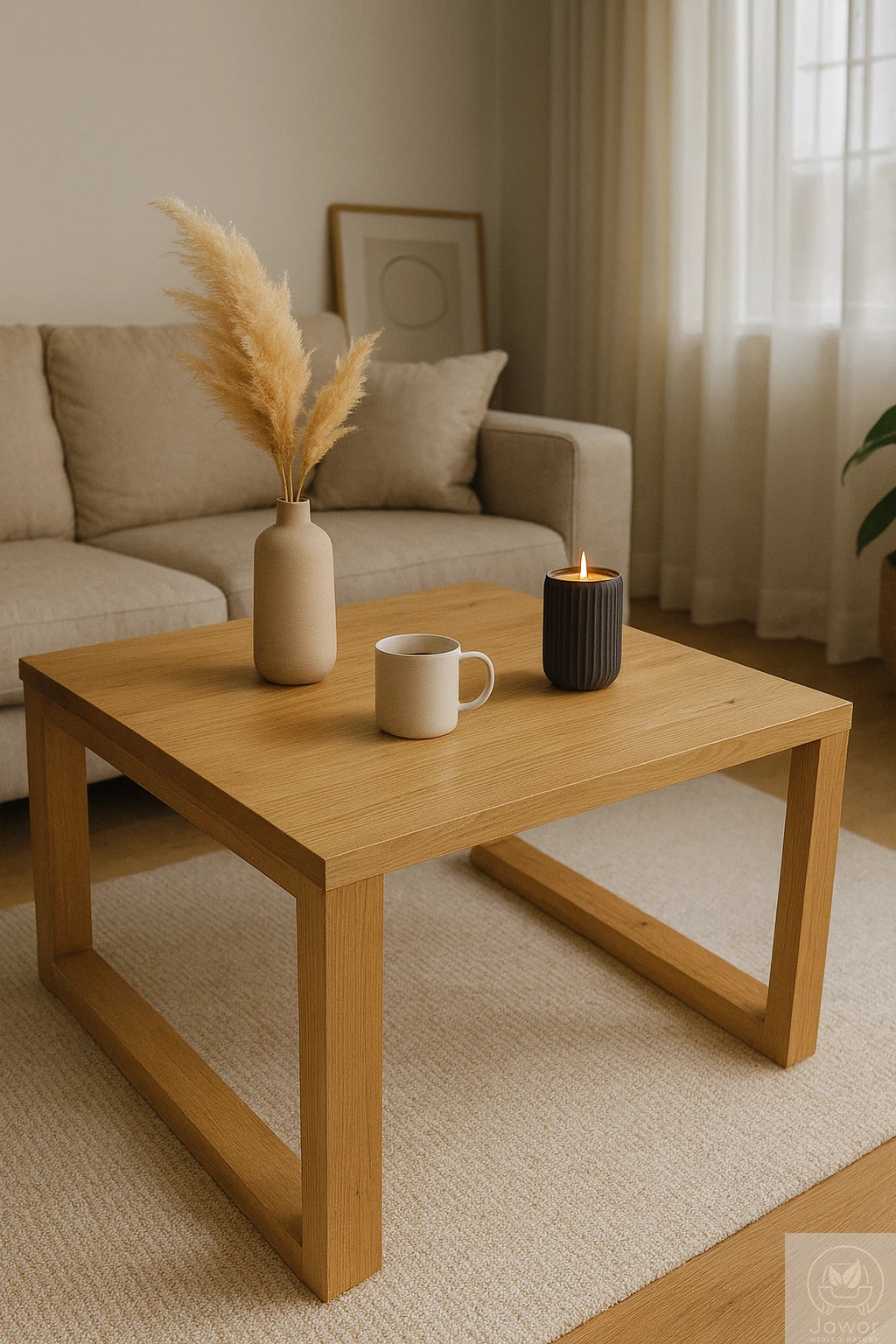 Stolik kawowy dębowy kwadratowy 70×70 cm w jasnym minimalistycznym salonie – lity dąb, blat czysty lub dziki, proste dębowe nogi