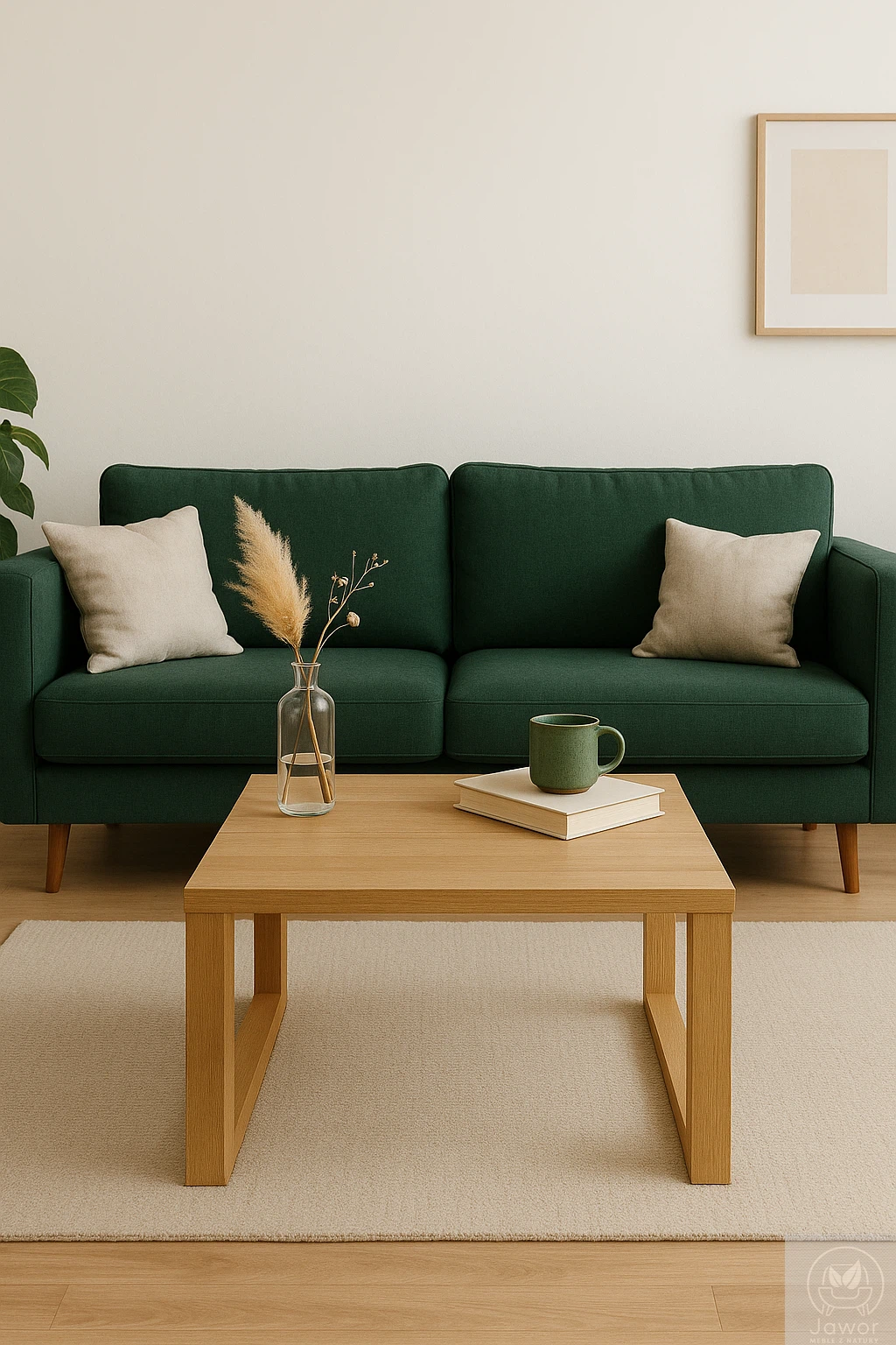 Stolik kawowy dębowy kwadratowy 70×70 cm – lity dąb, blat czysty lub dziki w aranżacji premium z zieloną sofą i dywanem w salonie