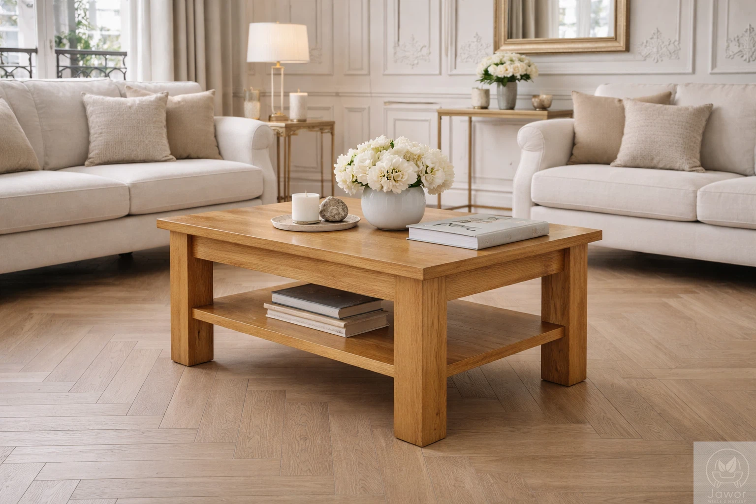 stolik kawowy dębowy z półką – ława 90x50 cm, lity dąb, jasne beże i listwy ścienne, styl modern classic