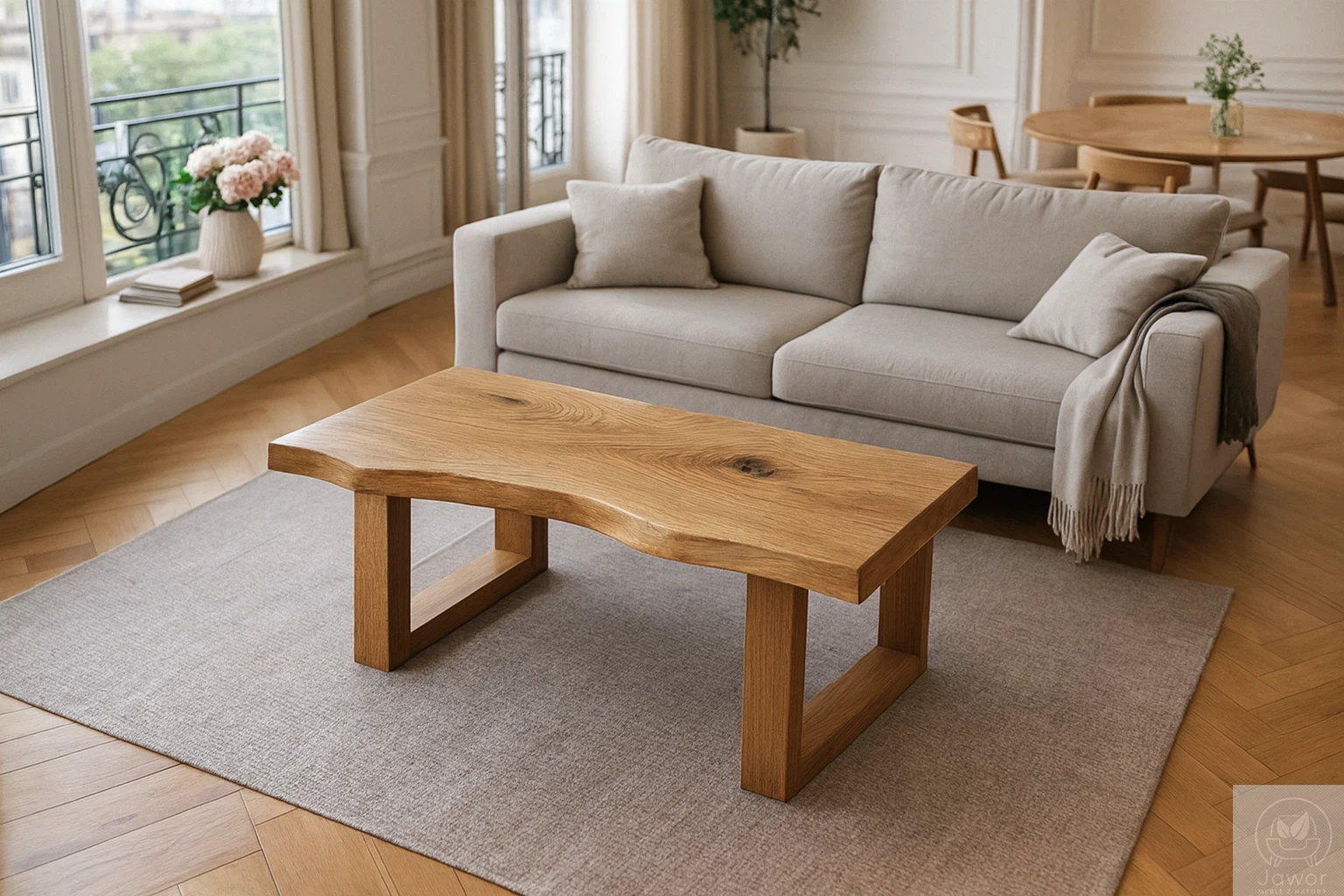 Stolik kawowy dębowy Monolit 90×40 cm – blat z jednego kawałka litego dębu, naturalny kolor drewna, stolik do salonu z kwiatami w wazonie