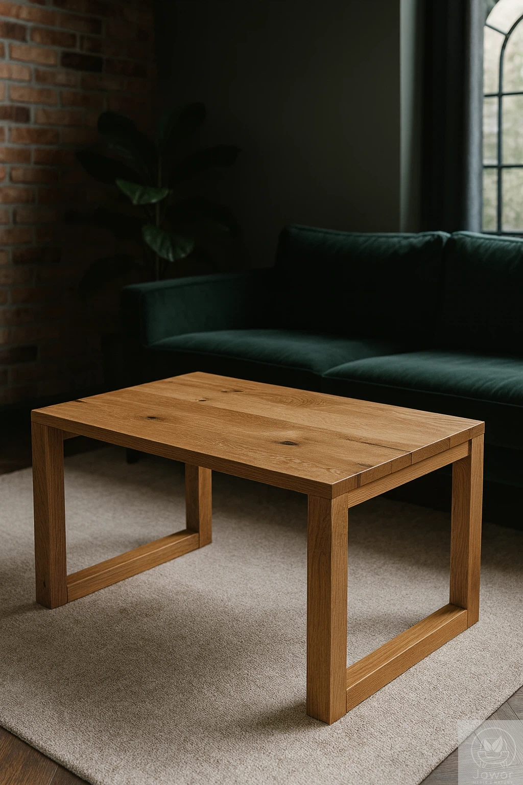 Stolik kawowy dębowy z żywicą epoksydową 90×56 cm w loftowym salonie – ceglana ściana, zielona sofa, rustykalny blat z listew z żywicą, nogi dębowe
