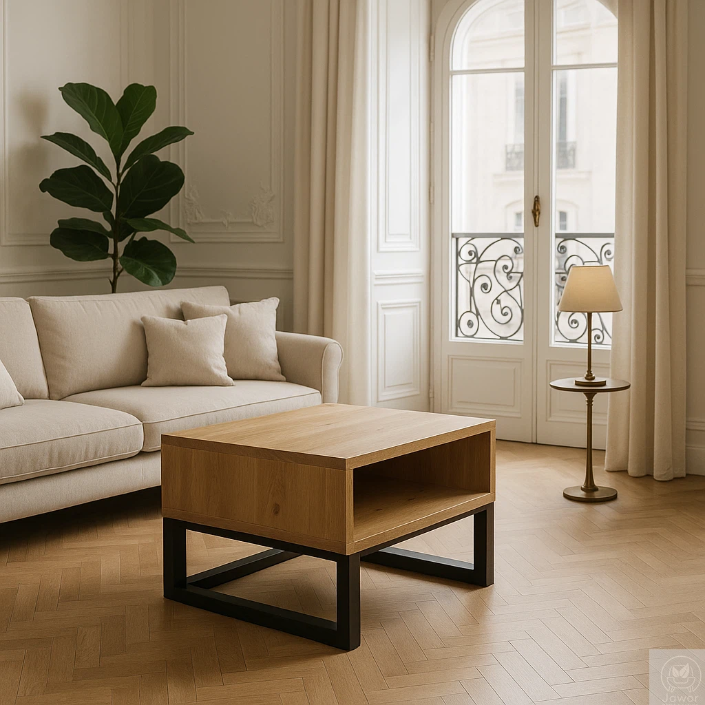 Stolik kawowy dębowy z półką 70 × 60 cm w jasnym salonie w paryskim stylu, lity dąb, czarne nogi, widok na balkon