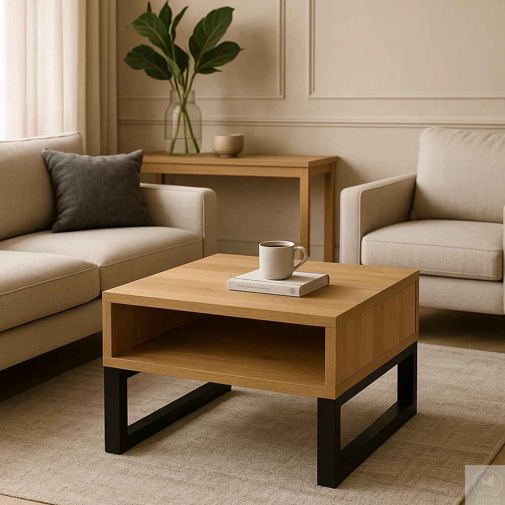 Stolik kawowy dębowy z półką 70 × 60 cm na czarnym stelażu, aranżacja salonu z konsolą w tle, lity dąb olejowany