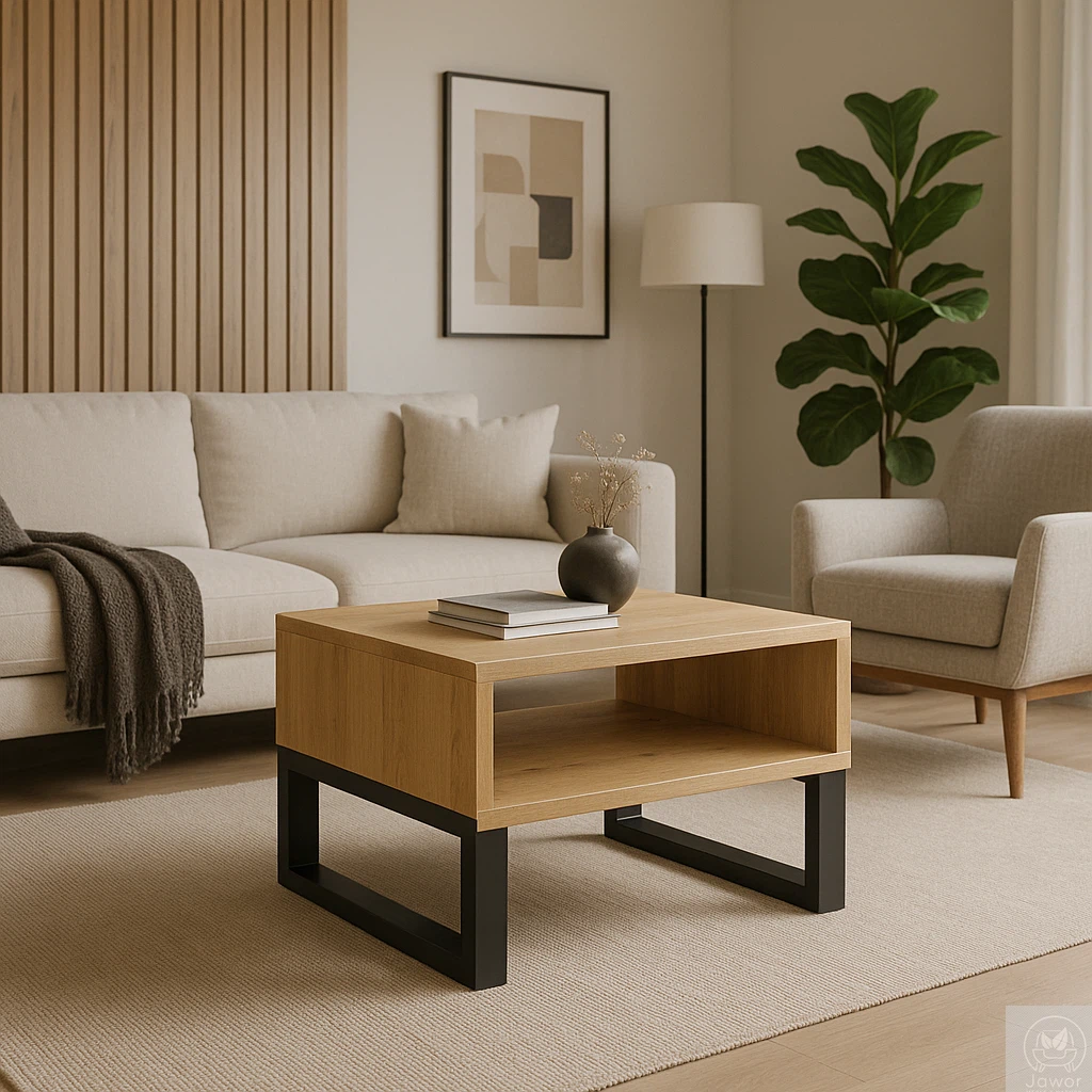 Stolik kawowy dębowy z półką 70 × 60 cm w salonie z listwami dekoracyjnymi na ścianie, lity dąb i czarny metalowy stelaż