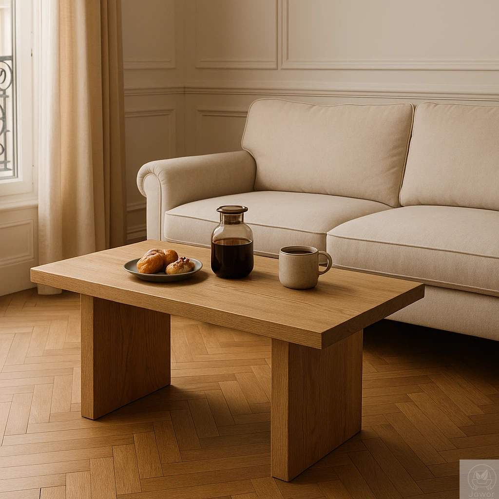Stolik kawowy dębowy do salonu 90×50 cm – aranżacja premium przy narożniku, lity dąb naturalny, nowoczesna forma