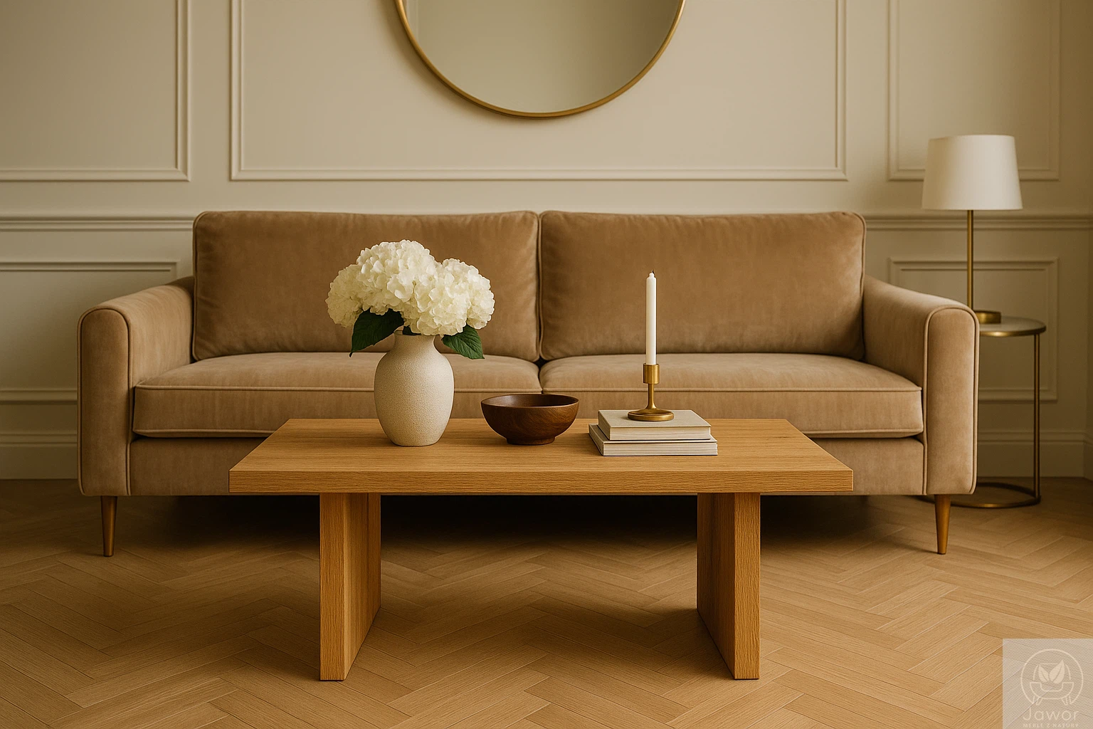 Stolik kawowy dębowy do salonu – zbliżenie na blat 90×50 cm z litego dębu, krawędź prosta, naturalne usłojenie drewna