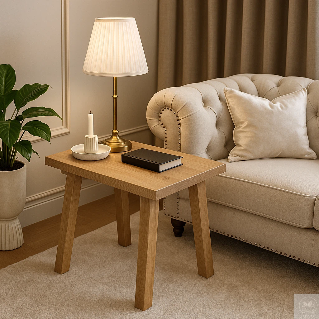 Wąski stolik nocny dębowy w klimacie hotelowym – naturalny dąb, kompaktowy stolik pomocnik 50×28×45 cm pod lampę