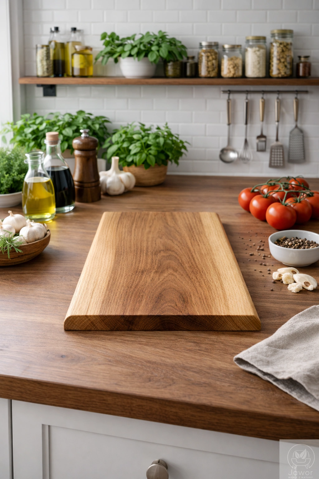 Deska do krojenia dębowa z jednego kawałka drewna 20–21 × 40 cm – kuchnia z półką w tle, naturalny dąb, grubość 2,5 cm