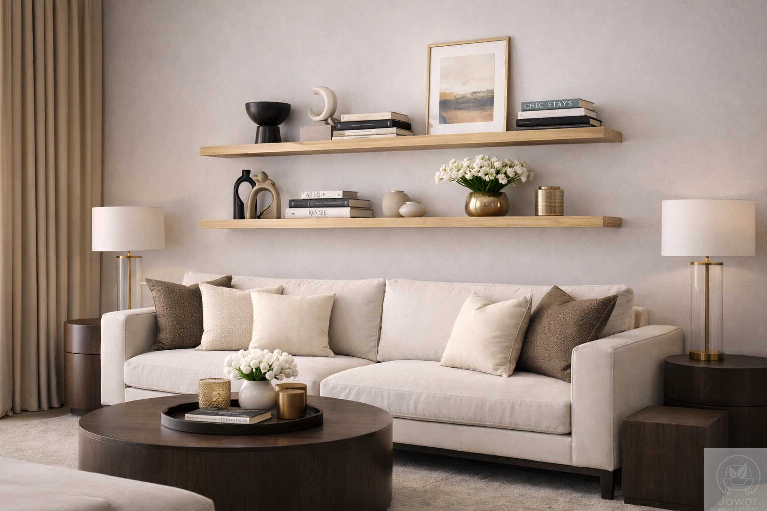 Półki drewniane do salonu – naturalne drewno, lekkość i spójna aranżacja