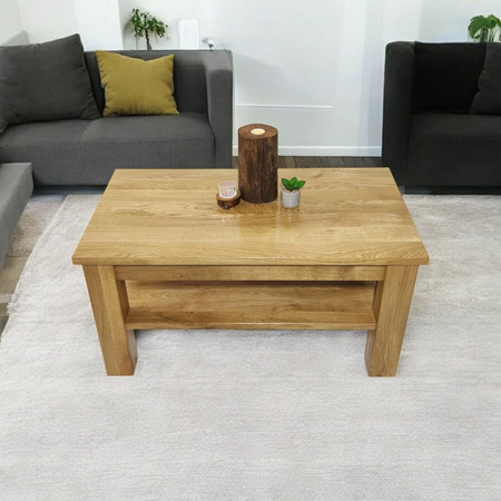 STOLIK kawowy dębowy z półką – masywna ława do salonu z litego dębu 90×50 cm