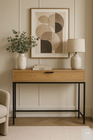 KONSOLA dębowa z szufladą – loft, czarny stelaż, 80–100 cm