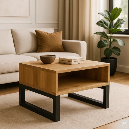 STOLIK kawowy dębowy z półką – lity dąb, metalowy stelaż 70×60 cm