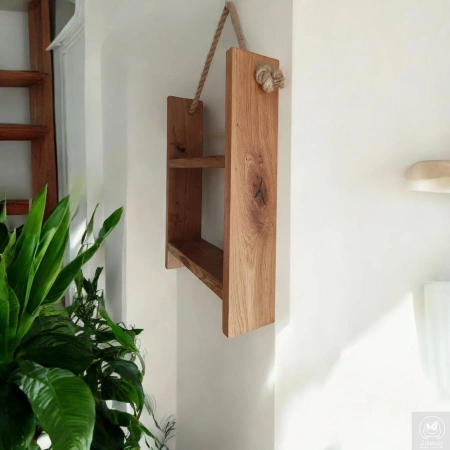 Półka dębowa na linie jutowej – dwupoziomowa, lity dąb, styl boho