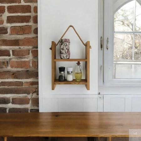 Półka dębowa na linie jutowej – dwupoziomowa, lity dąb, styl boho