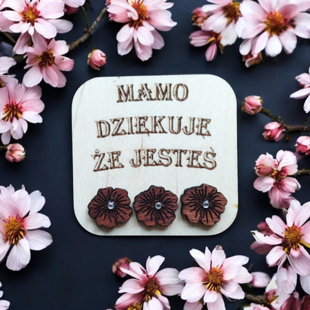 KOLCZYKI kwiaty drewniane – mahoń z cyrkonią, lekkie sztyfty