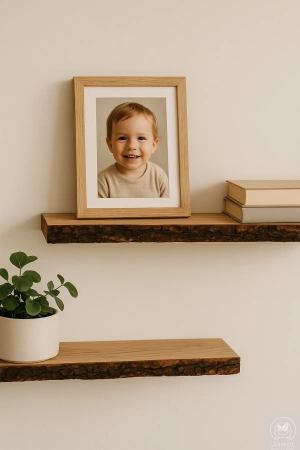 Półki dębowe z korą na ścianę – komplet 30 i 50 cm, lity dąb