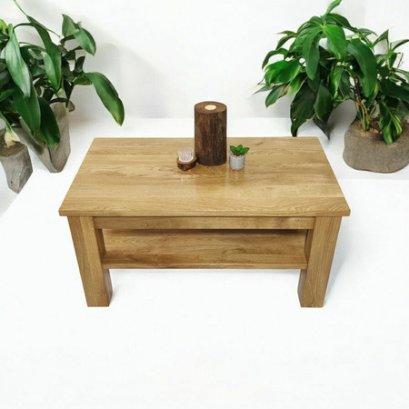 STOLIK kawowy dębowy z półką – masywna ława do salonu z litego dębu 90×50 cm