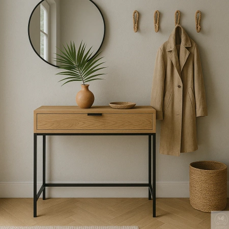 KONSOLA dębowa z szufladą – loft, czarny stelaż, 80–100 cm