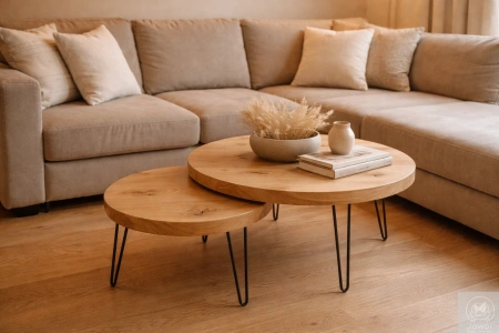 STOLIKI kawowe dębowe okrągłe – zestaw 2w1 na metalowych nogach – lity dąb – blat 4 cm