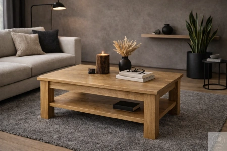 STOLIK kawowy dębowy z półką – masywna ława do salonu z litego dębu 90×50 cm