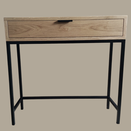 KONSOLA dębowa z szufladą 80 cm – loft, czarny stelaż