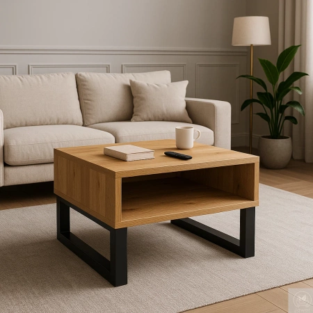 STOLIK kawowy dębowy z półką – lity dąb, metalowy stelaż 70×60 cm