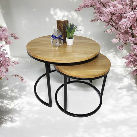 KOMPLET stolików kawowych dębowych okrągłych – nowoczesny zestaw 2w1 na metalowym stelażu