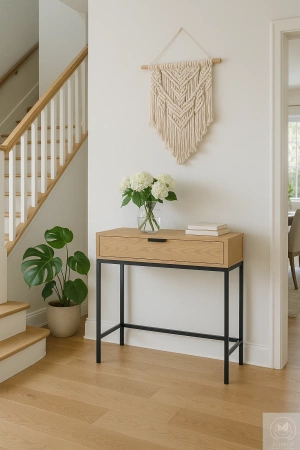 KONSOLA dębowa z szufladą – loft, czarny stelaż, 80–100 cm