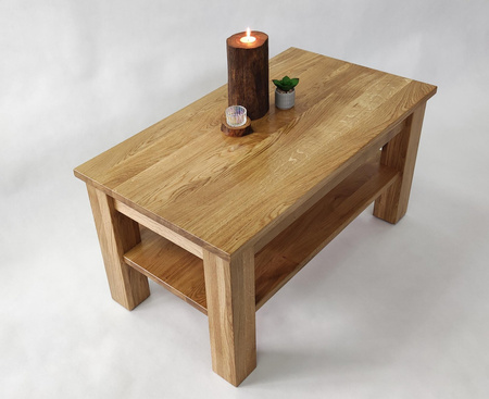 STOLIK kawowy dębowy z półką – masywna ława do salonu z litego dębu 90×50 cm