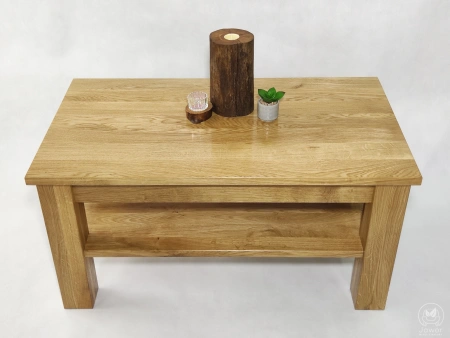 STOLIK kawowy dębowy z półką – masywna ława do salonu z litego dębu 90×50 cm