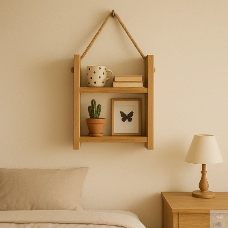 Półka dębowa na linie jutowej – dwupoziomowa, lity dąb, styl boho