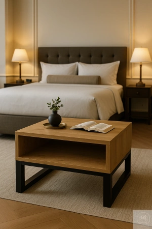 STOLIK kawowy dębowy z półką – lity dąb, metalowy stelaż 70×60 cm