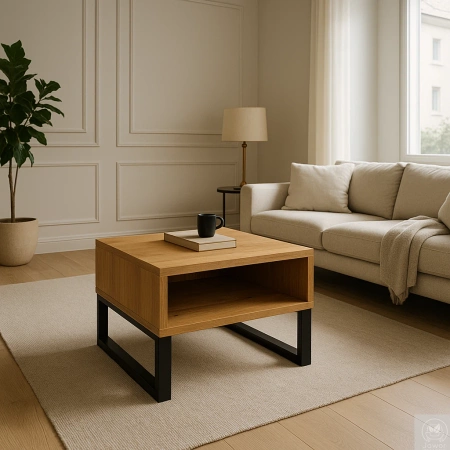 STOLIK kawowy dębowy z półką – lity dąb, metalowy stelaż 70×60 cm