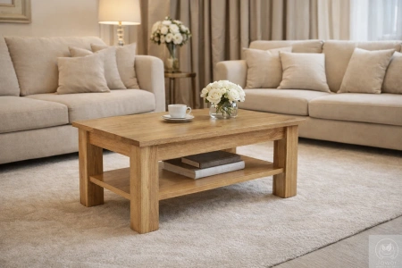 STOLIK kawowy dębowy z półką – masywna ława do salonu z litego dębu 90×50 cm