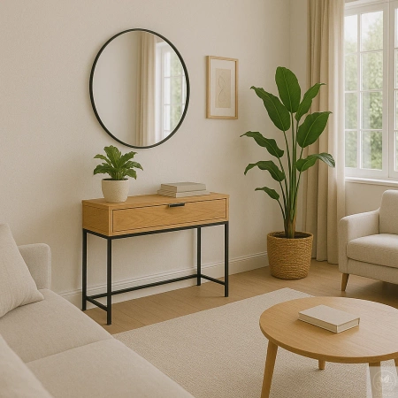 KONSOLA dębowa z szufladą – loft, czarny stelaż, 80–100 cm