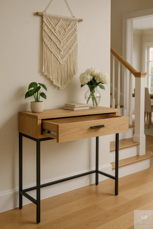 KONSOLA dębowa z szufladą – loft, czarny stelaż, 80–100 cm