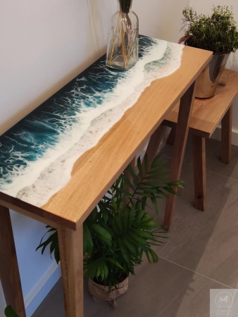 KONSOLA dębowa z żywicą 80 cm – fale oceanu, lity dąb