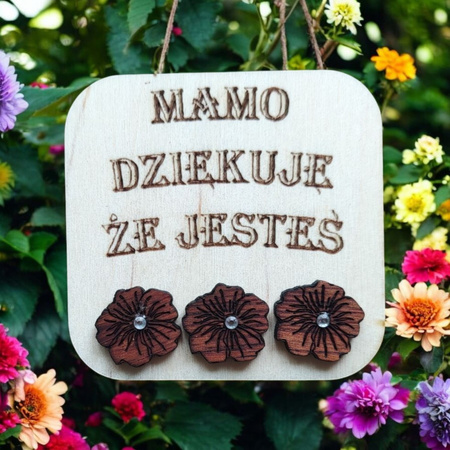 KOLCZYKI kwiaty drewniane – mahoń z cyrkonią, lekkie sztyfty