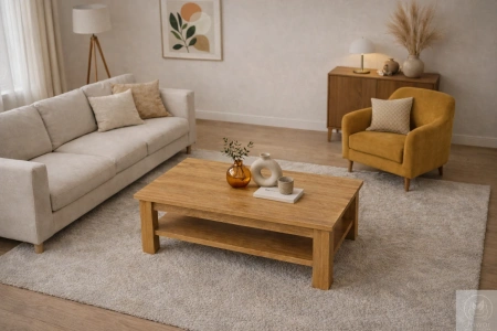 STOLIK kawowy dębowy z półką – masywna ława do salonu z litego dębu 90×50 cm