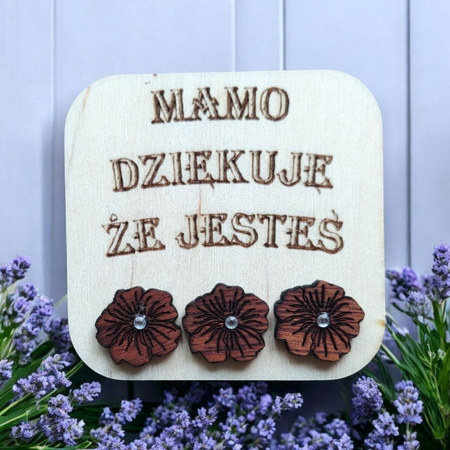 KOLCZYKI kwiaty drewniane – mahoń z cyrkonią, lekkie sztyfty