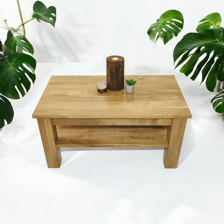 STOLIK kawowy dębowy z półką – masywna ława do salonu z litego dębu 90×50 cm