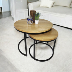 KOMPLET stolików kawowych dębowych okrągłych – nowoczesny zestaw 2w1 na metalowym stelażu