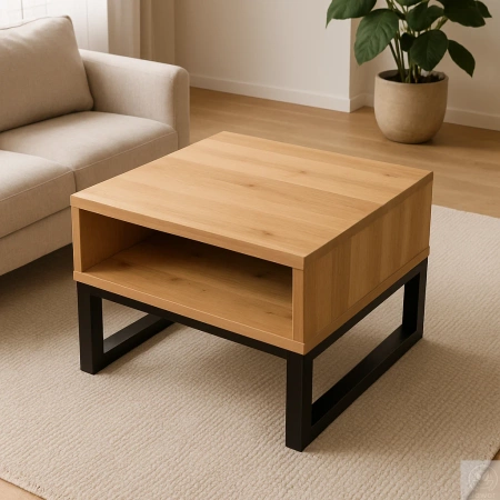 STOLIK kawowy dębowy z półką – lity dąb, metalowy stelaż 70×60 cm