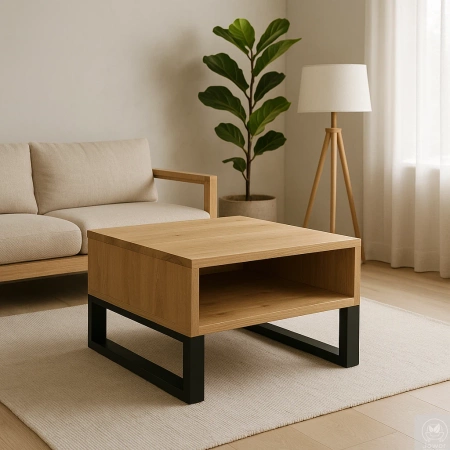 STOLIK kawowy dębowy z półką – lity dąb, metalowy stelaż 70×60 cm