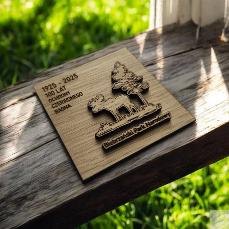 MAGNES firmowy z drewna z logo – gadżet reklamowy z grawerem i 3D