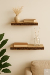 Półki dębowe z korą na ścianę – komplet 30 i 50 cm, lity dąb